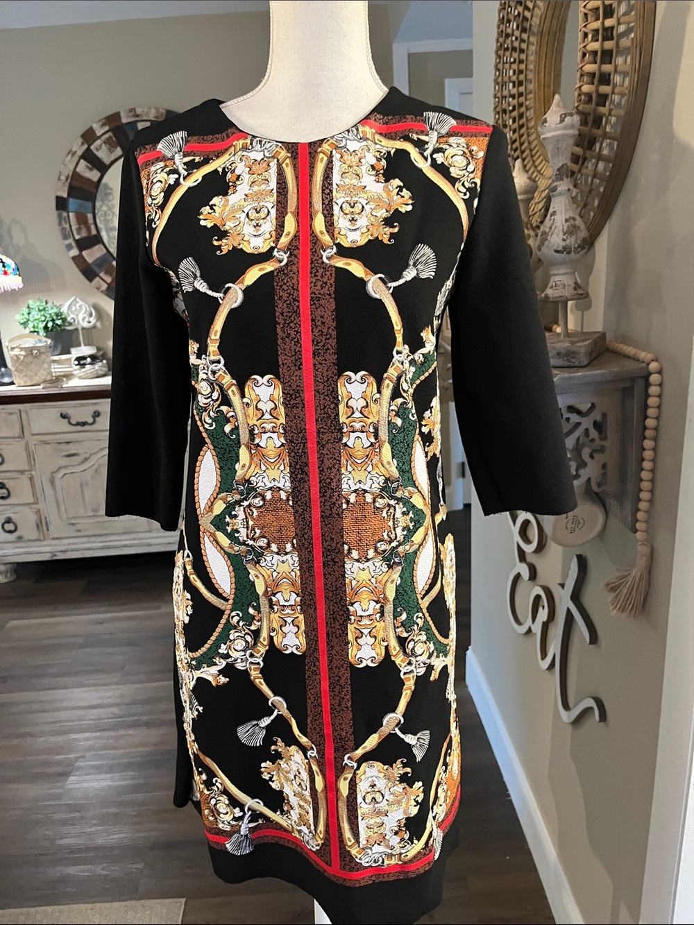 Zara Black Midi Dress with Gold, Green & Red Baroque Print